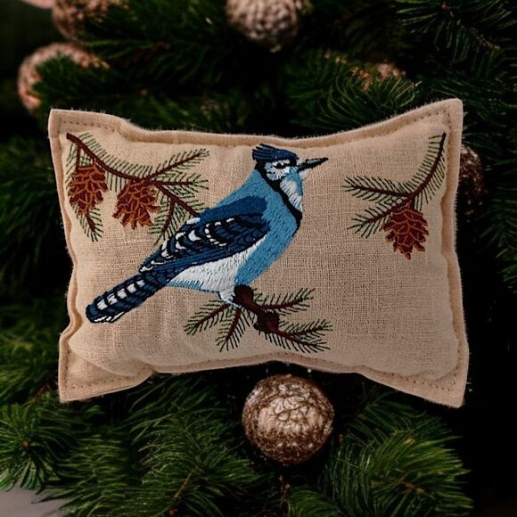 Embroidered Blue Jay MINI Pillow Sachet Farmhouse Cottage Bird Country Cabin - Picture 15 of 15
